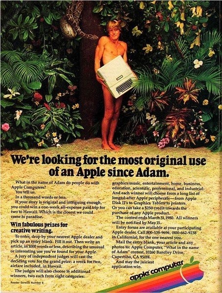 亞當抱著蘋果電腦遮擋私處。Apple II電腦廣告，1979年發布。