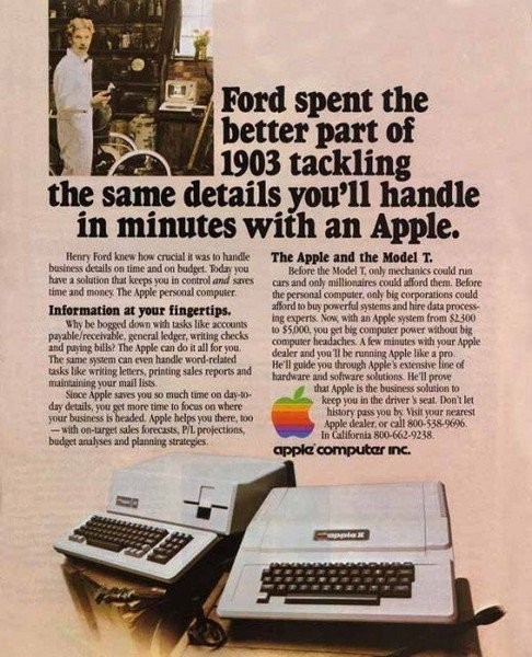 美國<a href=/smart/qiche/ target=_blank class=infotextkey>汽車</a>大王亨利?福特（Henry Ford）出現在蘋果電腦廣告中。Apple II電腦廣告，1981年發布。