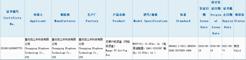 芒果TV機頂盒生產(chǎn)許可證