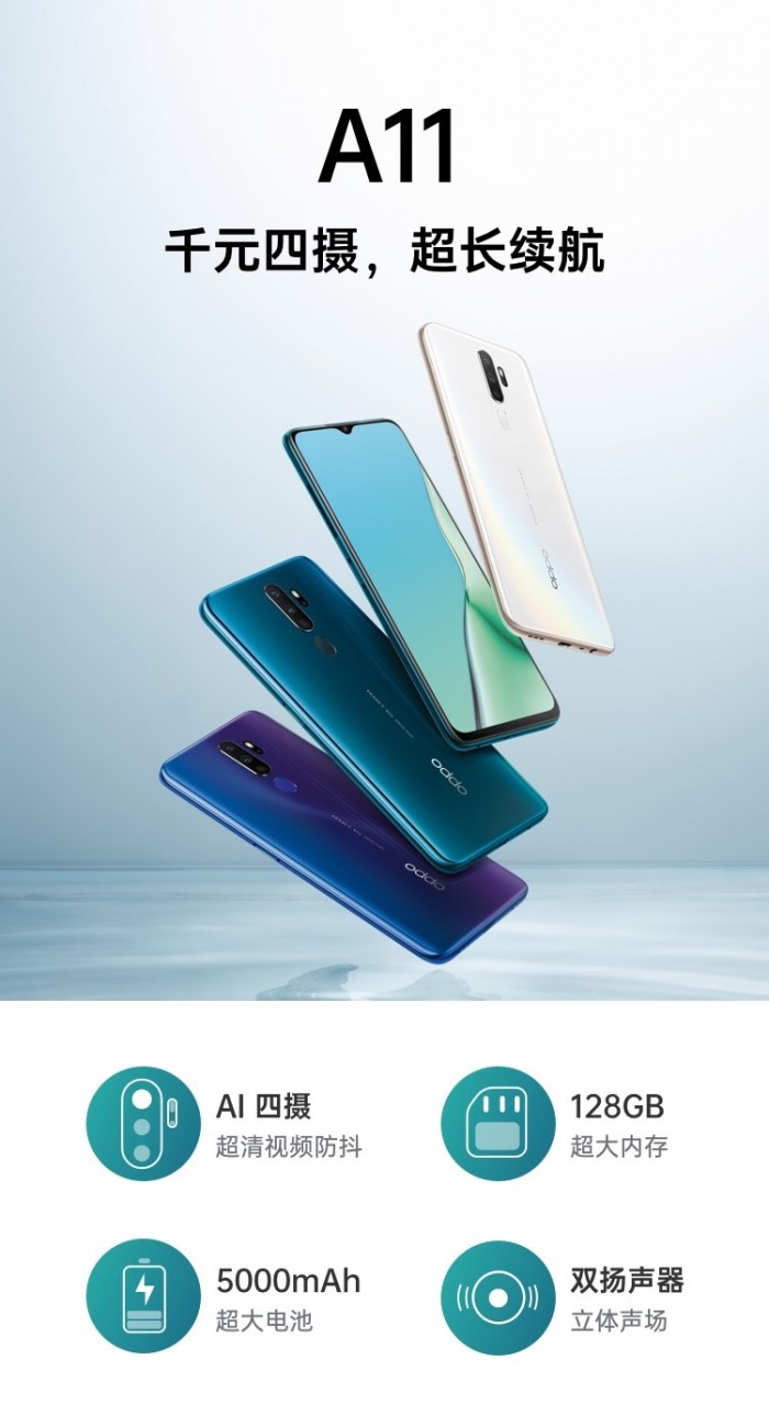 千元四攝OPPO A11開售：配備5000mAh電池+AI四攝 128GB超大內存